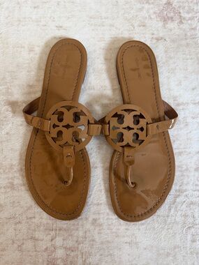 Tory Burch Tan Patent Leather Logo Thong Sandals
